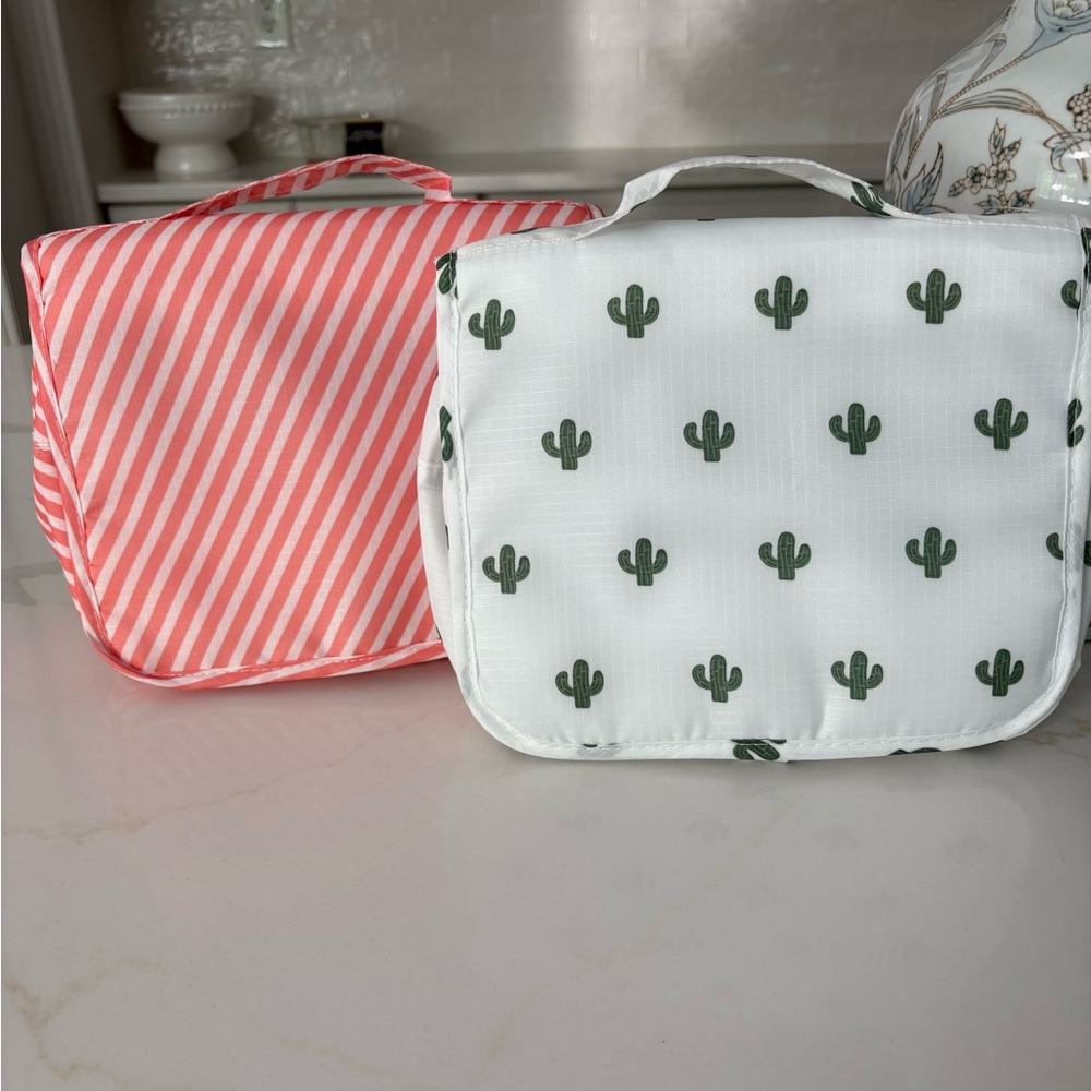 Cactus Print White Travel Pouch & Coral Striped Organizer